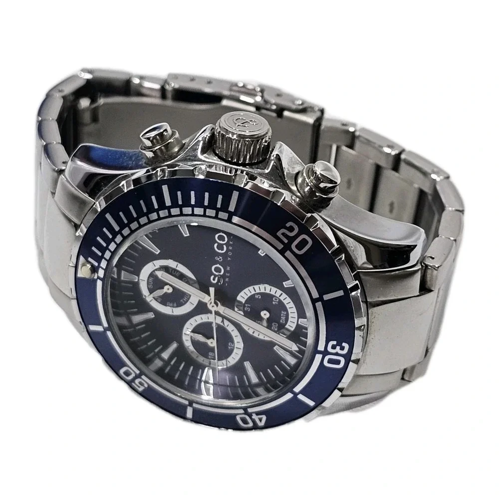 SO&CO Quartz Watch Men 100m Screwdown Crown Rotating Bezel Blue Need New Battery